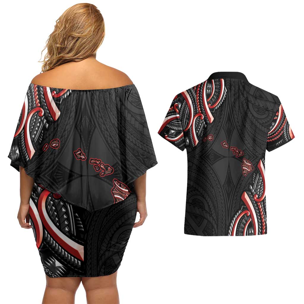 Traditional Art Hawaiian Kakau Tattoos Couples Matching Off Shoulder Short Dress and Hawaiian Shirt Red Color - Polynesian Pride