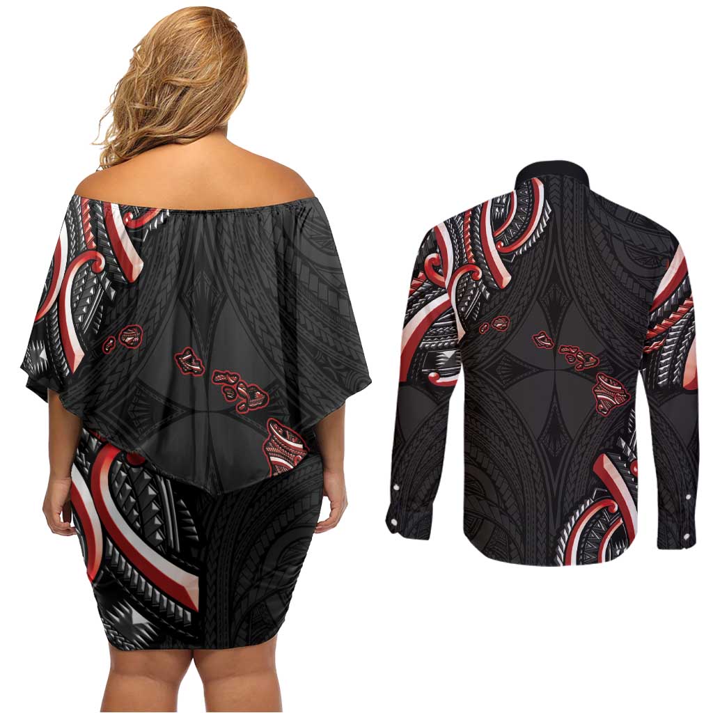 Traditional Art Hawaiian Kakau Tattoos Couples Matching Off Shoulder Short Dress and Long Sleeve Button Shirt Red Color - Polynesian Pride