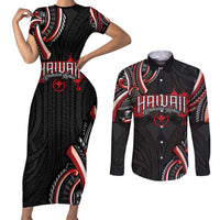 Traditional Art Hawaiian Kakau Tattoos Couples Matching Short Sleeve Bodycon Dress and Long Sleeve Button Shirt Red Color - Polynesian Pride