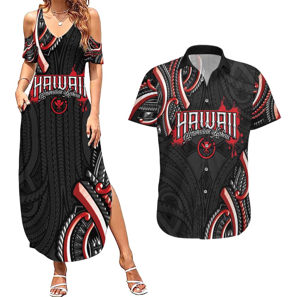 Traditional Art Hawaiian Kakau Tattoos Couples Matching Summer Maxi Dress and Hawaiian Shirt Red Color - Polynesian Pride