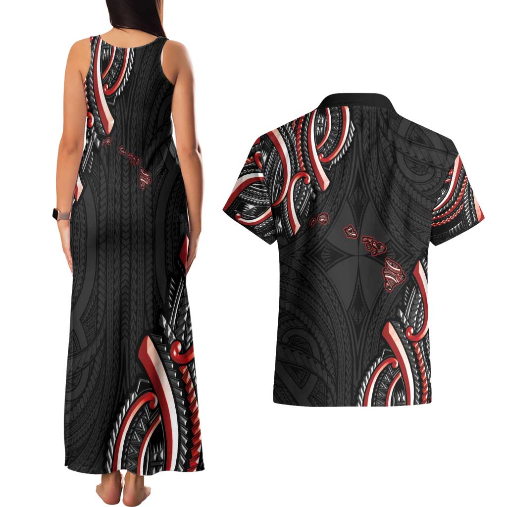 Traditional Art Hawaiian Kakau Tattoos Couples Matching Tank Maxi Dress and Hawaiian Shirt Red Color - Polynesian Pride