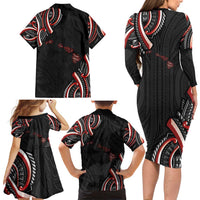 Traditional Art Hawaiian Kakau Tattoos Family Matching Long Sleeve Bodycon Dress and Hawaiian Shirt Red Color - Polynesian Pride