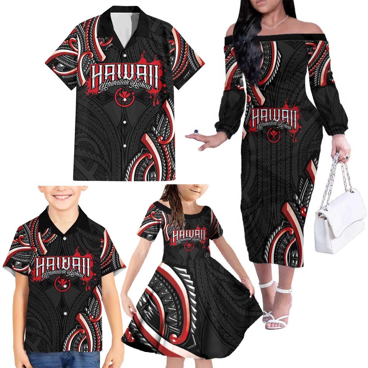 Traditional Art Hawaiian Kakau Tattoos Family Matching Off The Shoulder Long Sleeve Dress and Hawaiian Shirt Red Color - Polynesian Pride