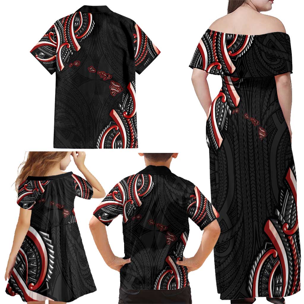 Traditional Art Hawaiian Kakau Tattoos Family Matching Off Shoulder Maxi Dress and Hawaiian Shirt Red Color - Polynesian Pride