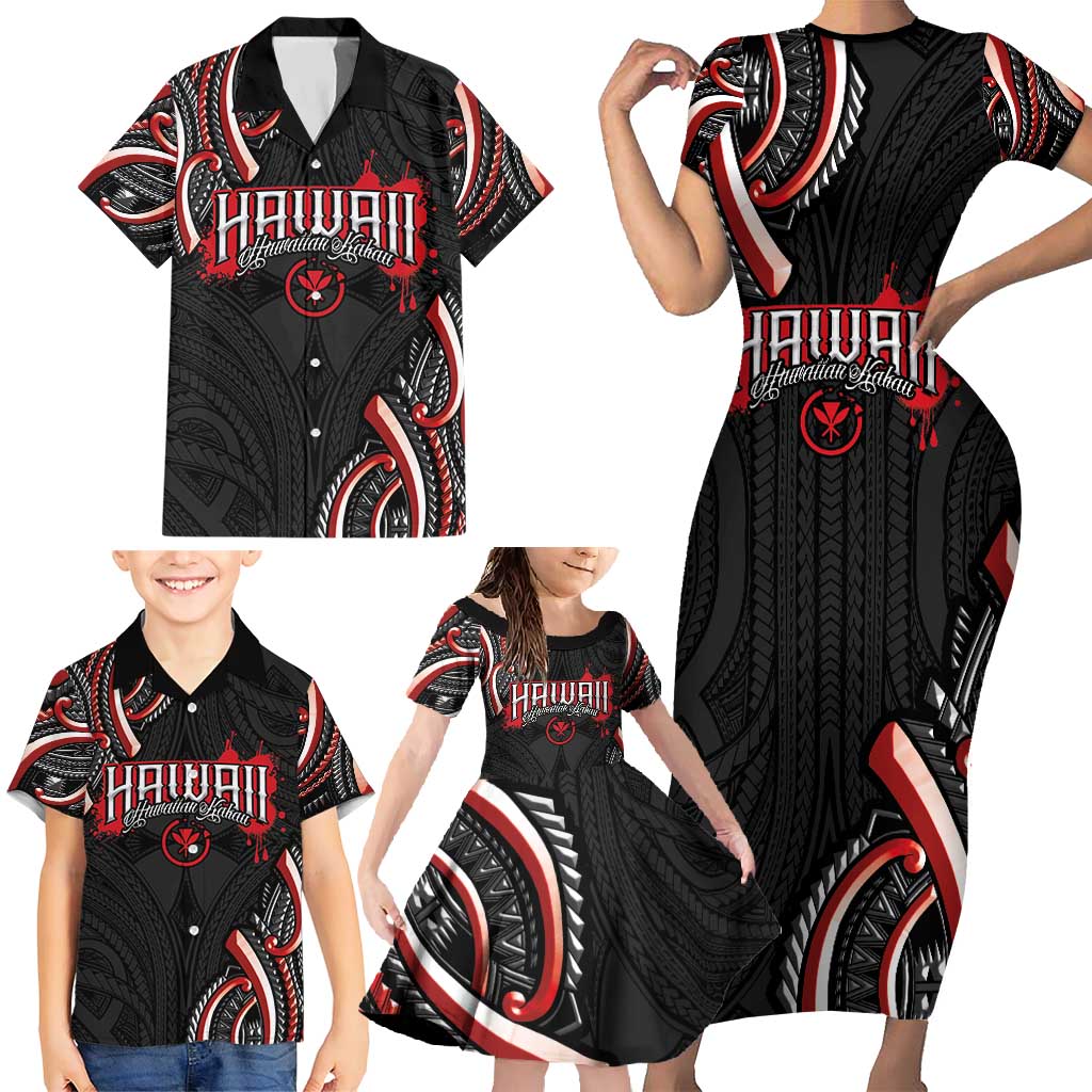 Traditional Art Hawaiian Kakau Tattoos Family Matching Short Sleeve Bodycon Dress and Hawaiian Shirt Red Color - Polynesian Pride