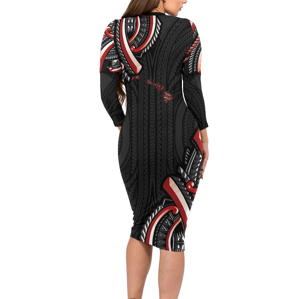 Traditional Art Hawaiian Kakau Tattoos Long Sleeve Bodycon Dress Red Color - Polynesian Pride