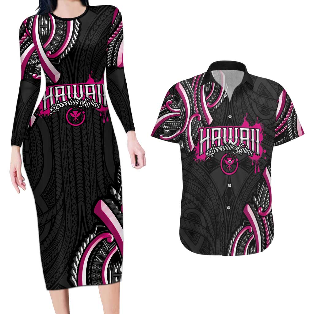 Traditional Art Hawaiian Kakau Tattoos Couples Matching Long Sleeve Bodycon Dress and Hawaiian Shirt Pink Color - Polynesian Pride