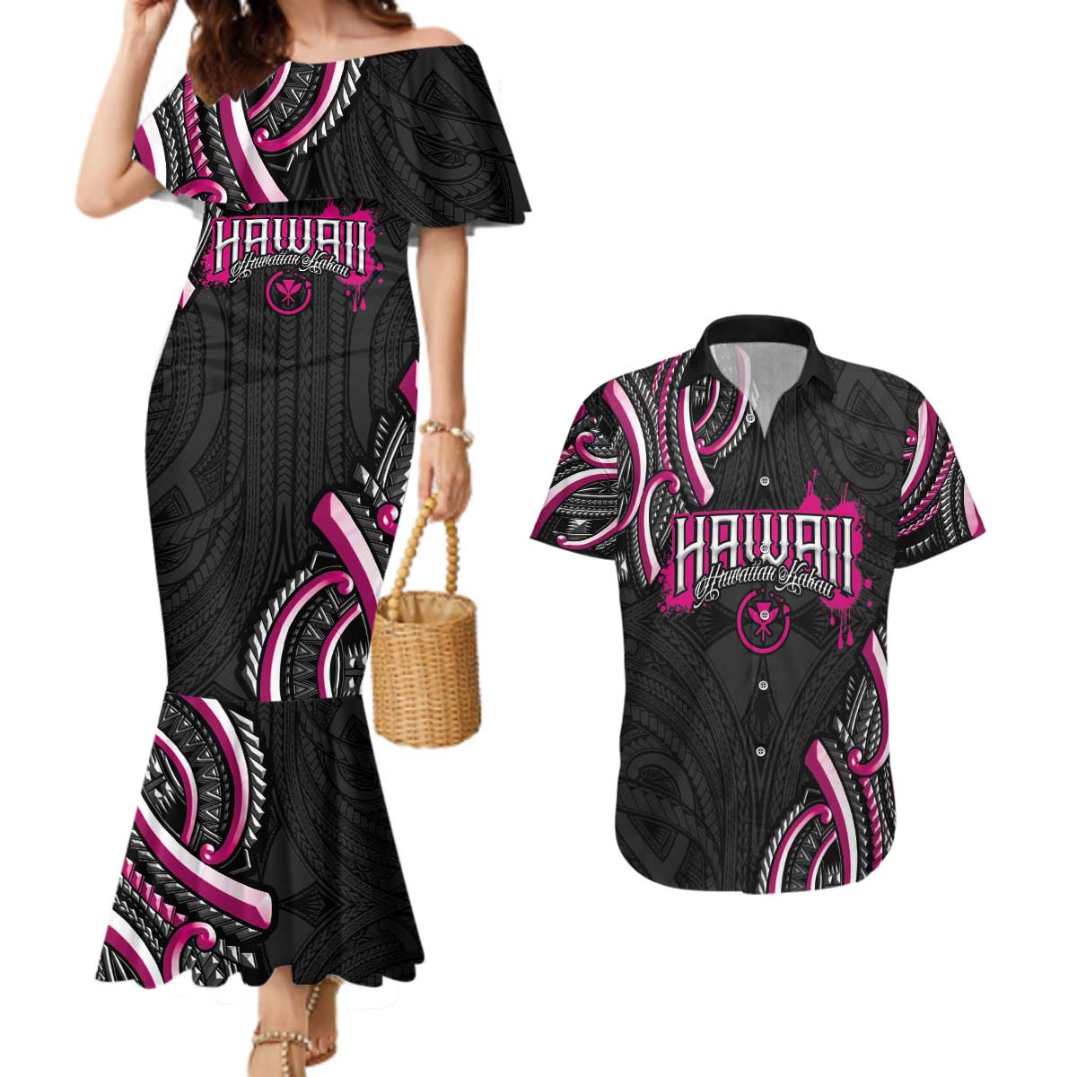 Traditional Art Hawaiian Kakau Tattoos Couples Matching Mermaid Dress and Hawaiian Shirt Pink Color - Polynesian Pride