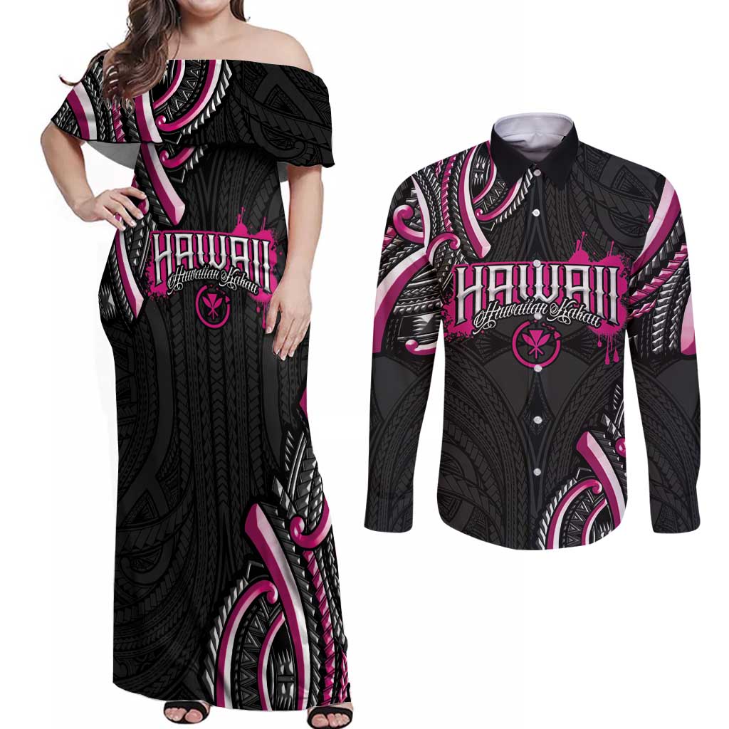 Traditional Art Hawaiian Kakau Tattoos Couples Matching Off Shoulder Maxi Dress and Long Sleeve Button Shirt Pink Color LT03 Pink - Polynesian Pride