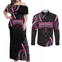 Traditional Art Hawaiian Kakau Tattoos Couples Matching Off Shoulder Maxi Dress and Long Sleeve Button Shirt Pink Color LT03 Pink - Polynesian Pride