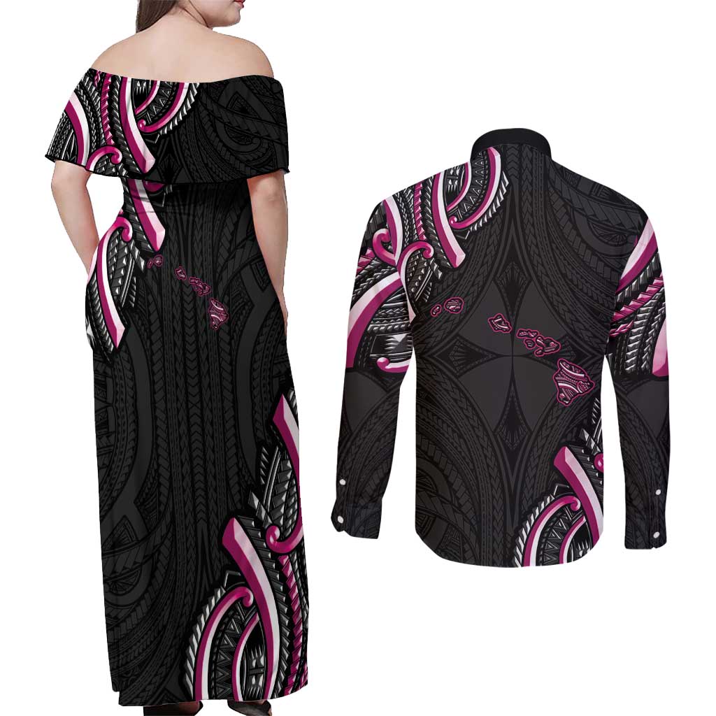 Traditional Art Hawaiian Kakau Tattoos Couples Matching Off Shoulder Maxi Dress and Long Sleeve Button Shirt Pink Color LT03 - Polynesian Pride