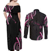 Traditional Art Hawaiian Kakau Tattoos Couples Matching Off Shoulder Maxi Dress and Long Sleeve Button Shirt Pink Color LT03 - Polynesian Pride
