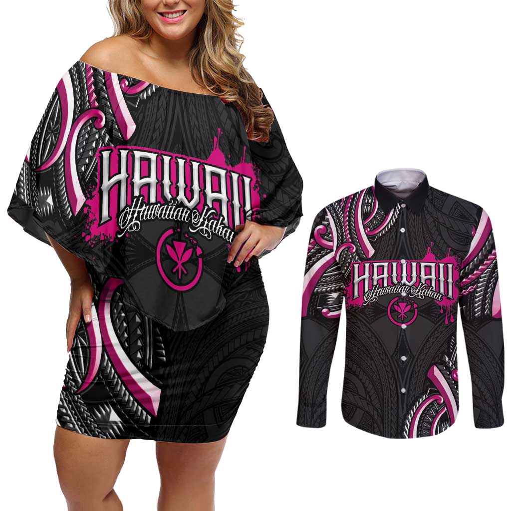 Traditional Art Hawaiian Kakau Tattoos Couples Matching Off Shoulder Short Dress and Long Sleeve Button Shirt Pink Color LT03 Pink - Polynesian Pride