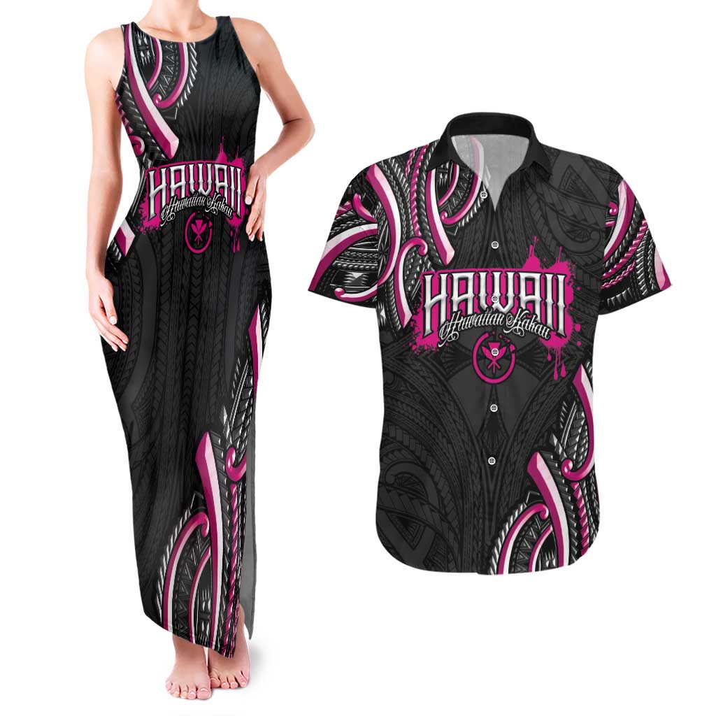 Traditional Art Hawaiian Kakau Tattoos Couples Matching Tank Maxi Dress and Hawaiian Shirt Pink Color - Polynesian Pride