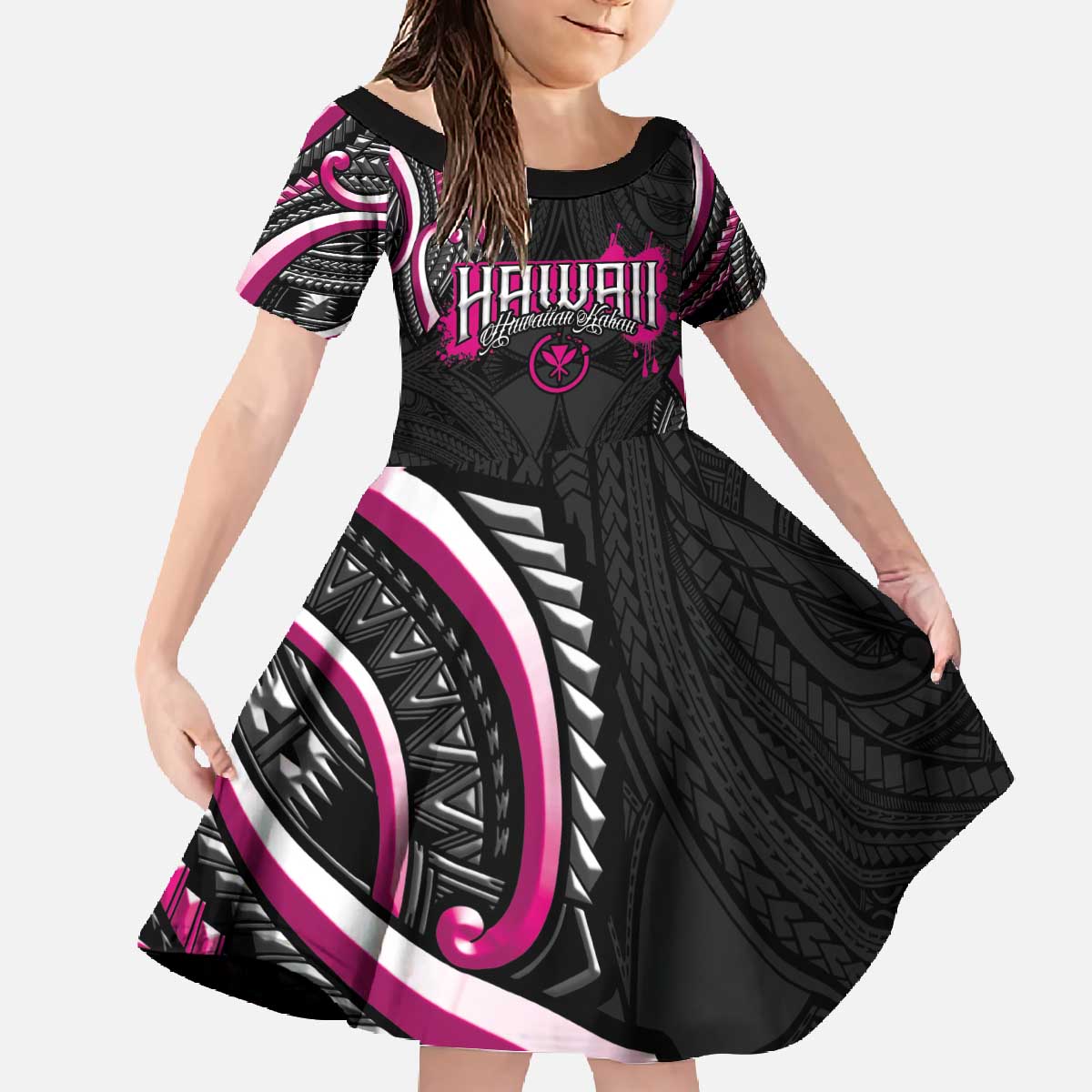 Traditional Art Hawaiian Kakau Tattoos Family Matching Off The Shoulder Long Sleeve Dress and Hawaiian Shirt Pink Color LT03 Daughter's Dress Pink - Polynesian Pride