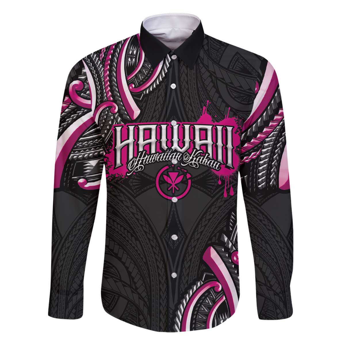 Traditional Art Hawaiian Kakau Tattoos Family Matching Off The Shoulder Long Sleeve Dress and Hawaiian Shirt Pink Color LT03 Dad's Shirt - Long Sleeve Pink - Polynesian Pride