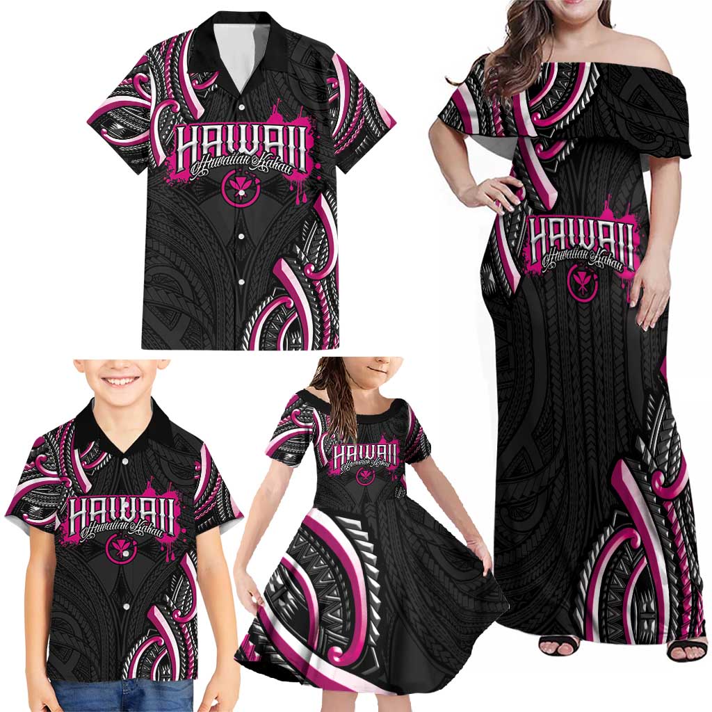 Traditional Art Hawaiian Kakau Tattoos Family Matching Off Shoulder Maxi Dress and Hawaiian Shirt Pink Color - Polynesian Pride