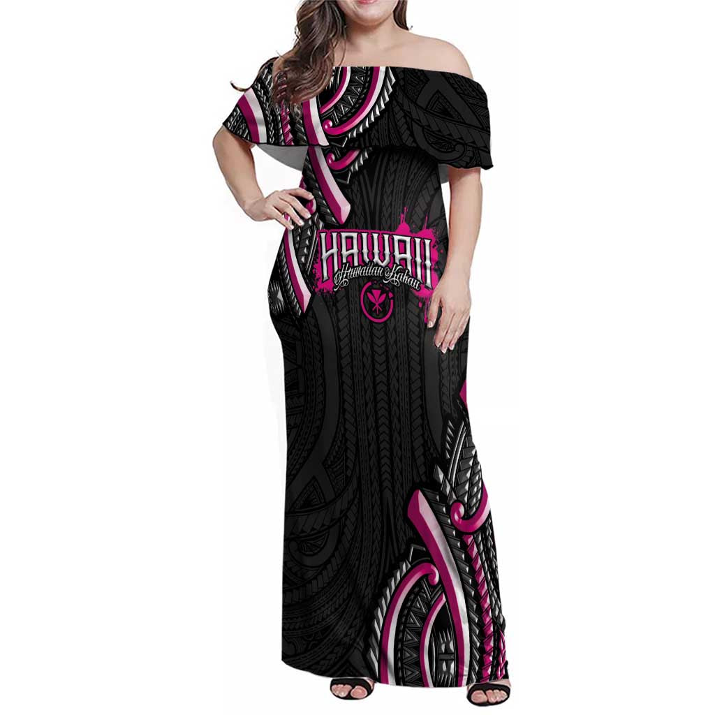 Traditional Art Hawaiian Kakau Tattoos Family Matching Off Shoulder Maxi Dress and Hawaiian Shirt Pink Color - Polynesian Pride