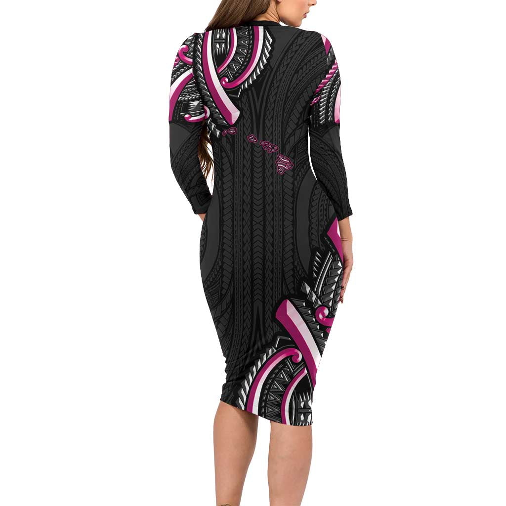 Traditional Art Hawaiian Kakau Tattoos Long Sleeve Bodycon Dress Pink Color - Polynesian Pride
