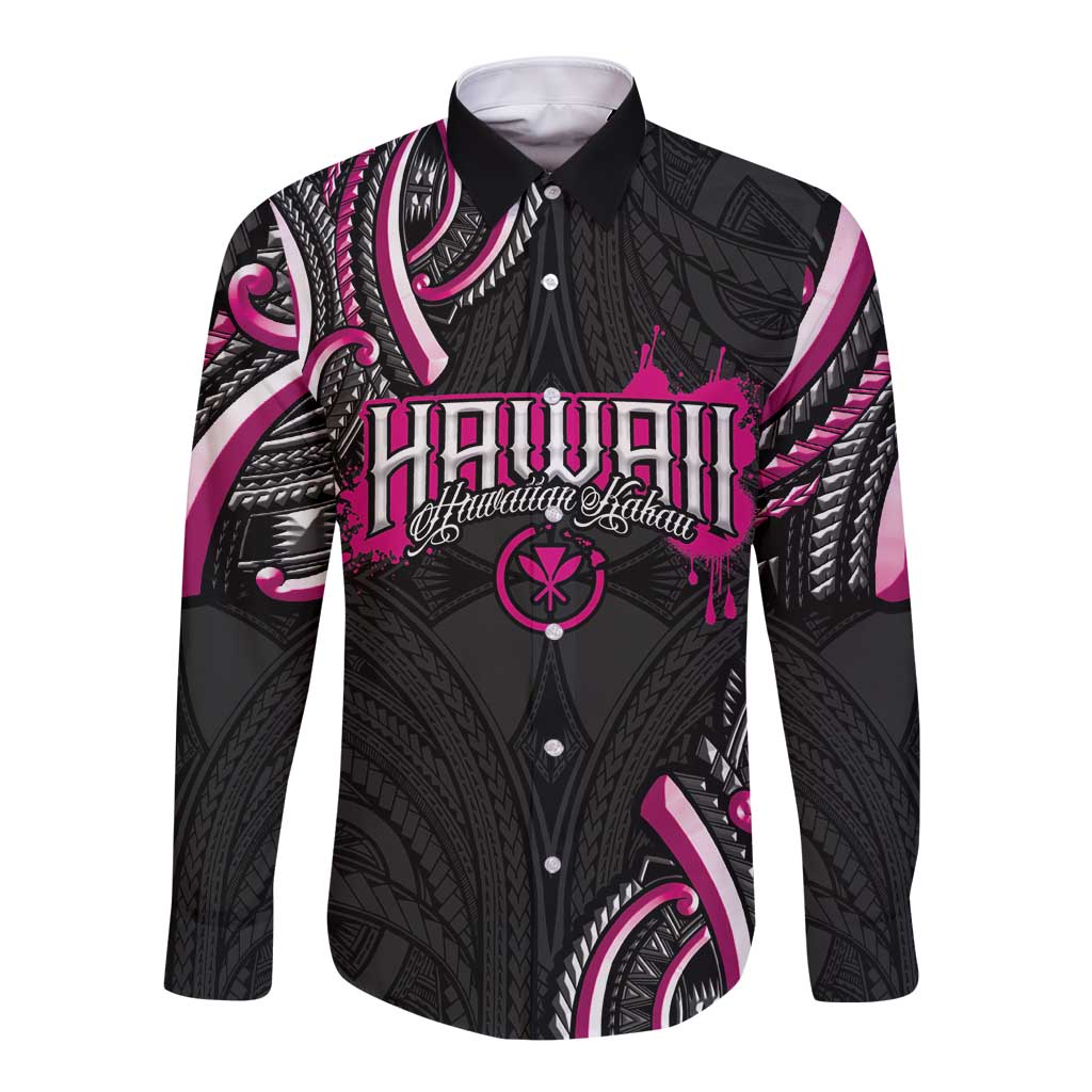 Traditional Art Hawaiian Kakau Tattoos Long Sleeve Button Shirt Pink Color LT03 Unisex Pink - Polynesian Pride