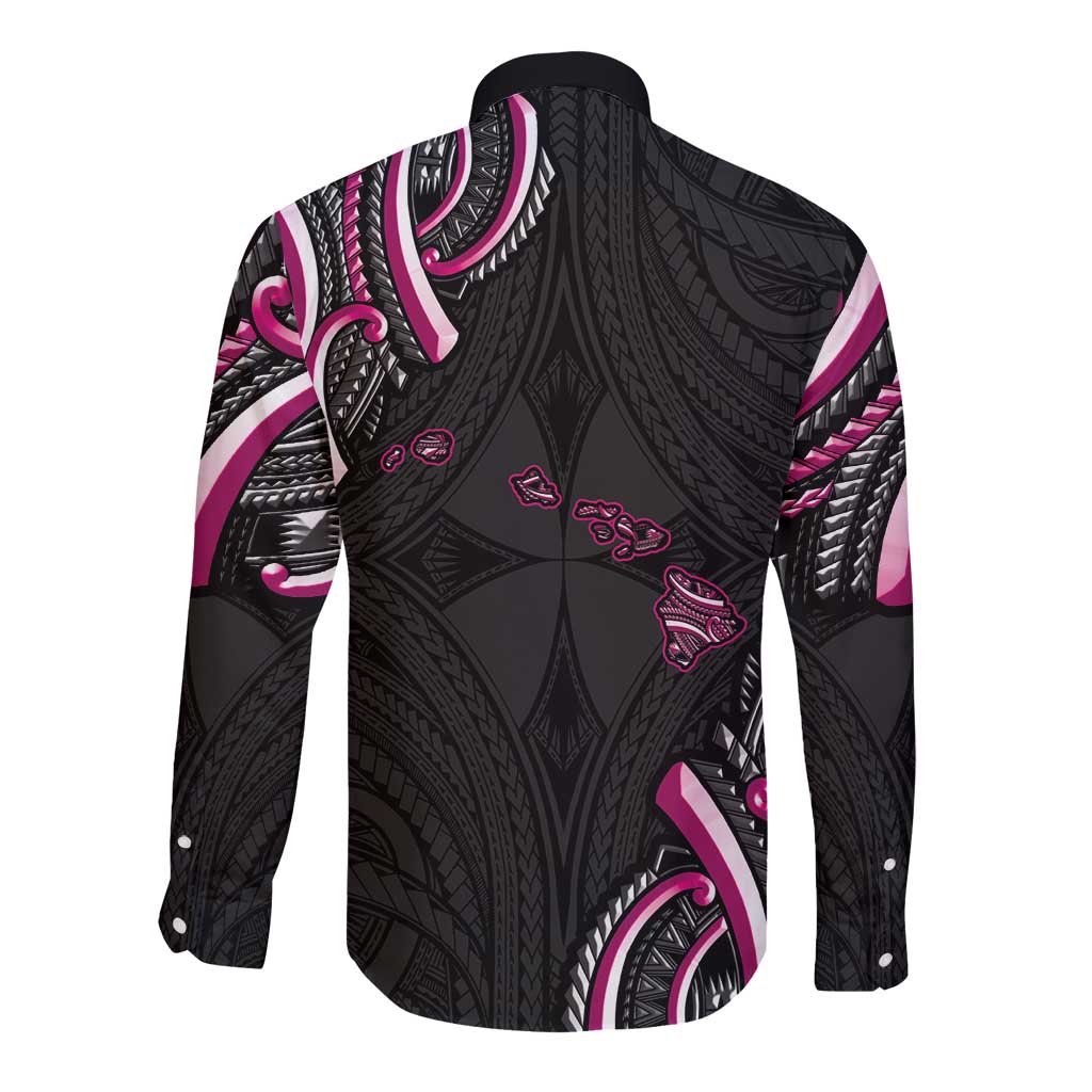 Traditional Art Hawaiian Kakau Tattoos Long Sleeve Button Shirt Pink Color - Polynesian Pride