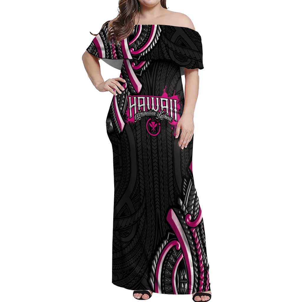 Traditional Art Hawaiian Kakau Tattoos Off Shoulder Maxi Dress Pink Color - Polynesian Pride