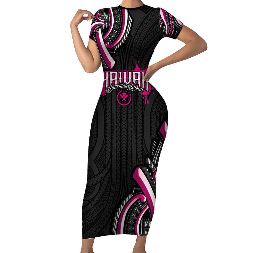 Traditional Art Hawaiian Kakau Tattoos Short Sleeve Bodycon Dress Pink Color - Polynesian Pride