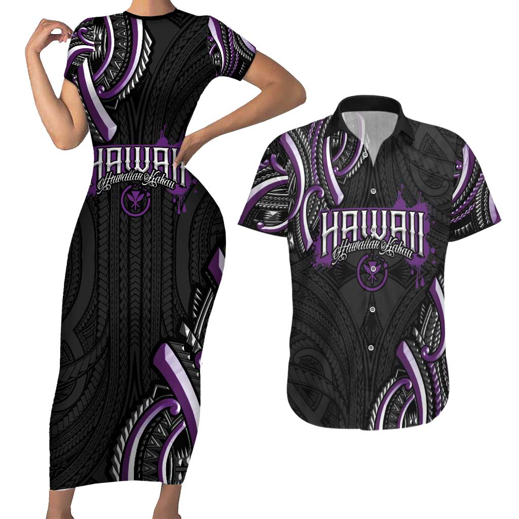 Traditional Art Hawaiian Kakau Tattoos Couples Matching Short Sleeve Bodycon Dress and Hawaiian Shirt Purple Color - Polynesian Pride