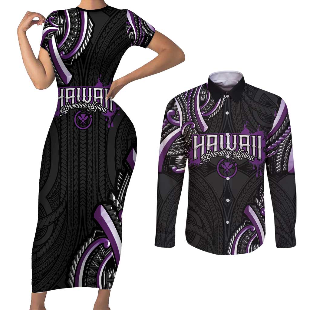 Traditional Art Hawaiian Kakau Tattoos Couples Matching Short Sleeve Bodycon Dress and Long Sleeve Button Shirt Purple Color - Polynesian Pride