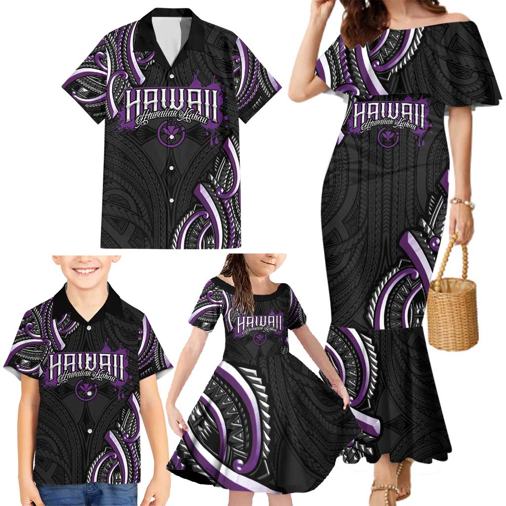Traditional Art Hawaiian Kakau Tattoos Family Matching Mermaid Dress and Hawaiian Shirt Purple Color - Polynesian Pride