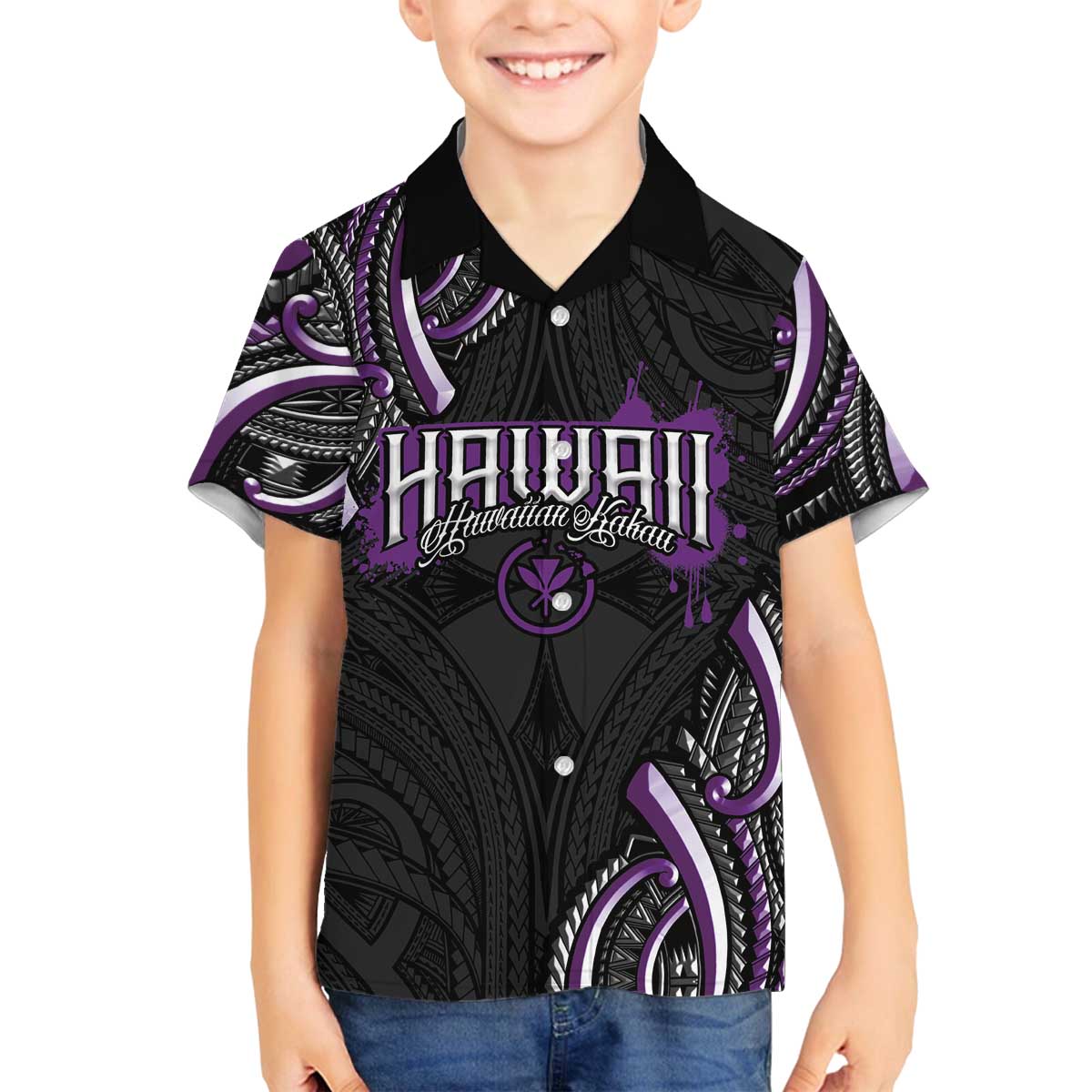 Traditional Art Hawaiian Kakau Tattoos Family Matching Off The Shoulder Long Sleeve Dress and Hawaiian Shirt Purple Color LT03 Son's Shirt Purple - Polynesian Pride