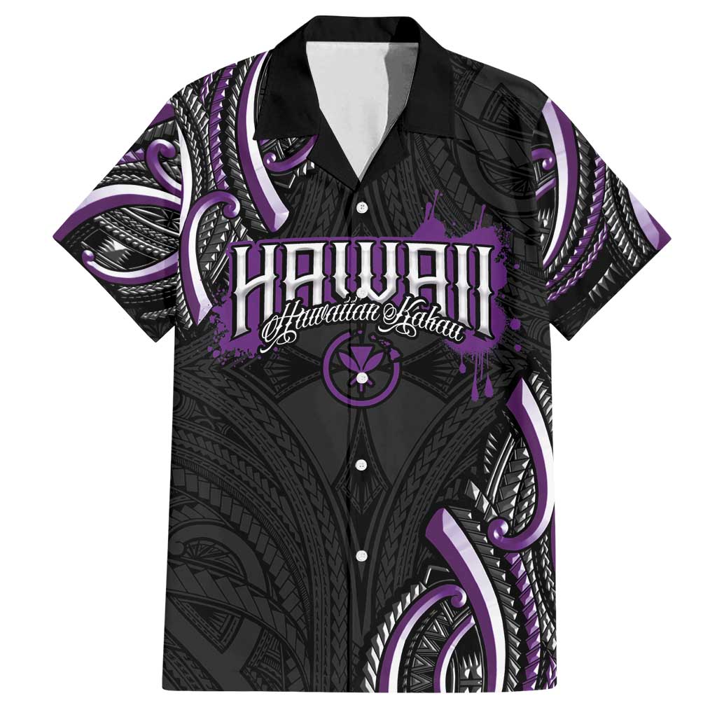 Traditional Art Hawaiian Kakau Tattoos Family Matching Off Shoulder Short Dress and Hawaiian Shirt Purple Color LT03 Dad's Shirt - Short Sleeve Purple - Polynesian Pride