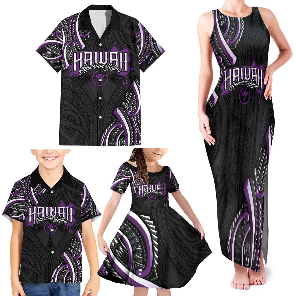 Traditional Art Hawaiian Kakau Tattoos Family Matching Tank Maxi Dress and Hawaiian Shirt Purple Color - Polynesian Pride