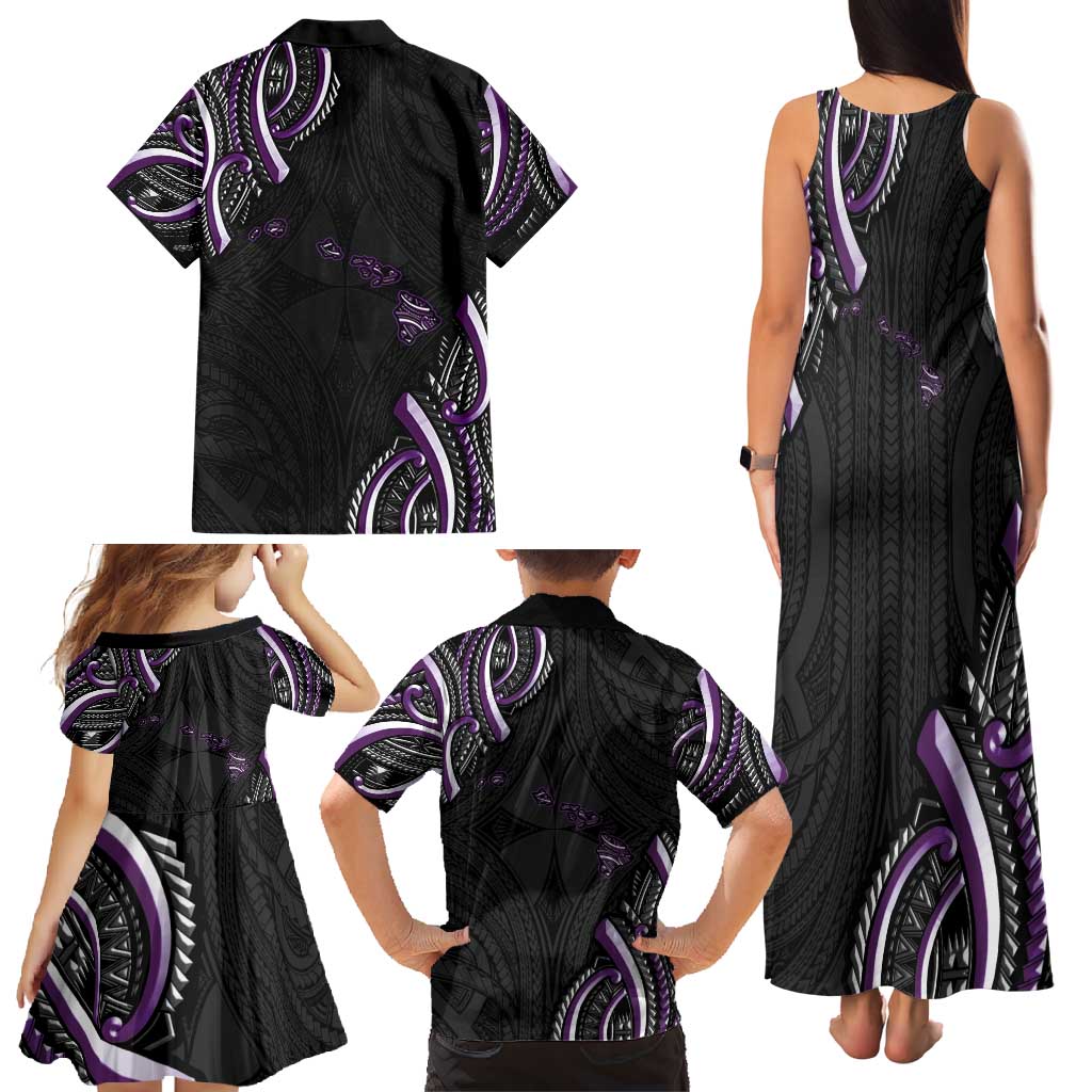 Traditional Art Hawaiian Kakau Tattoos Family Matching Tank Maxi Dress and Hawaiian Shirt Purple Color - Polynesian Pride
