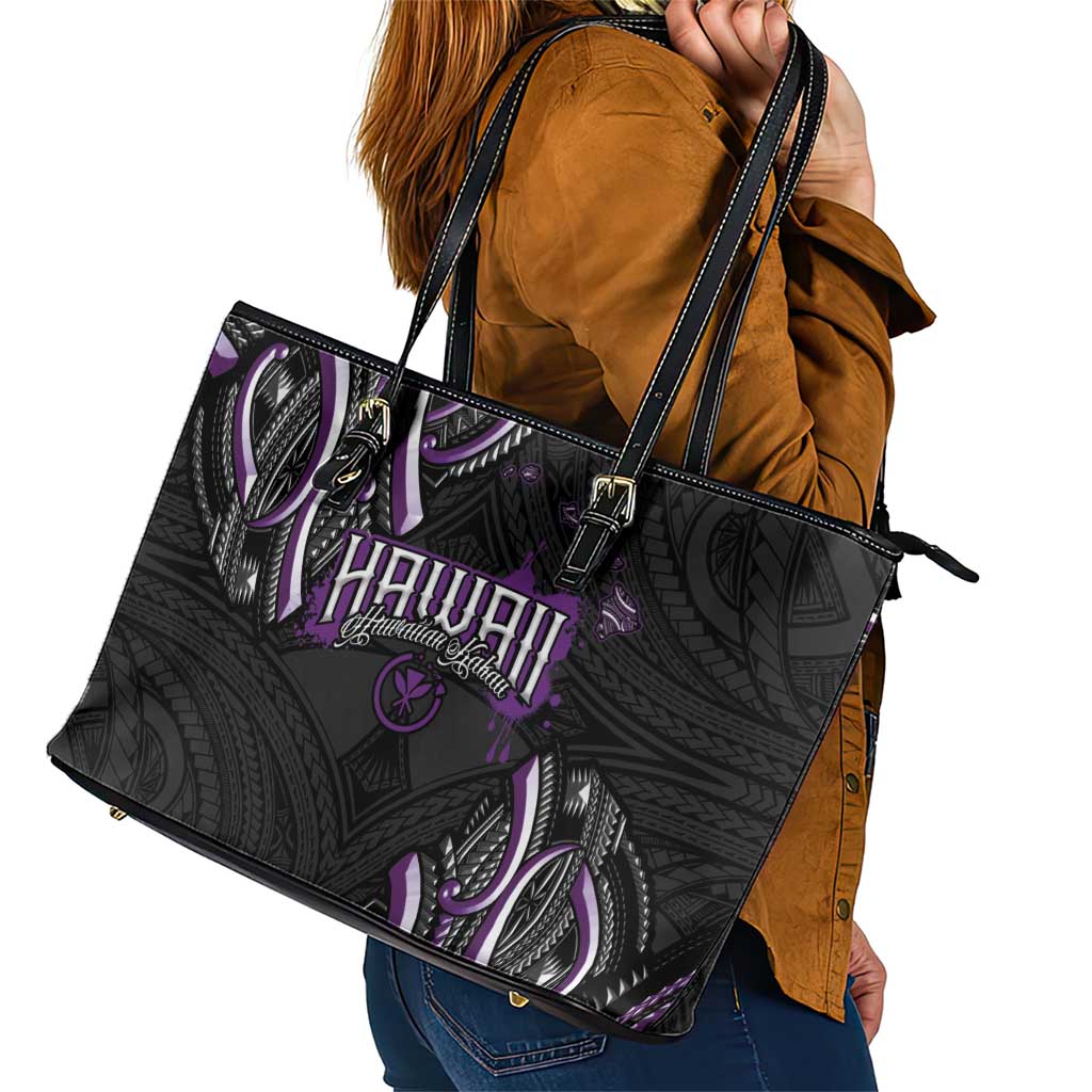 Traditional Art Hawaiian Kakau Tattoos Leather Tote Bag Purple Color - Polynesian Pride