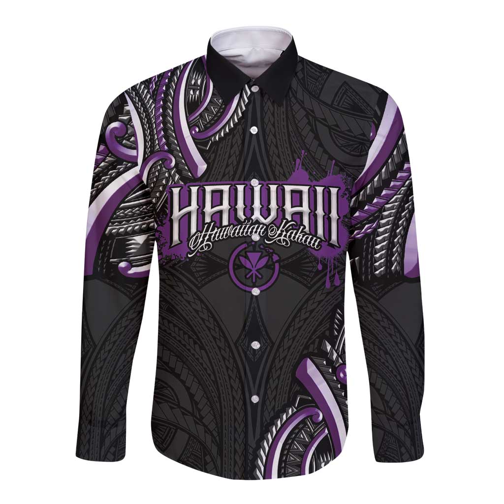 Traditional Art Hawaiian Kakau Tattoos Long Sleeve Button Shirt Purple Color LT03 Unisex Purple - Polynesian Pride