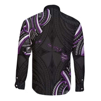 Traditional Art Hawaiian Kakau Tattoos Long Sleeve Button Shirt Purple Color - Polynesian Pride