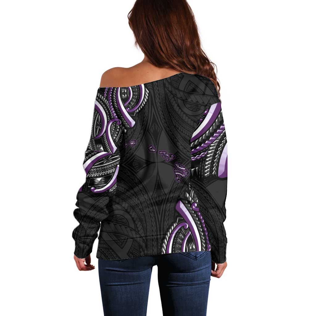 Traditional Art Hawaiian Kakau Tattoos Off Shoulder Sweater Purple Color - Polynesian Pride