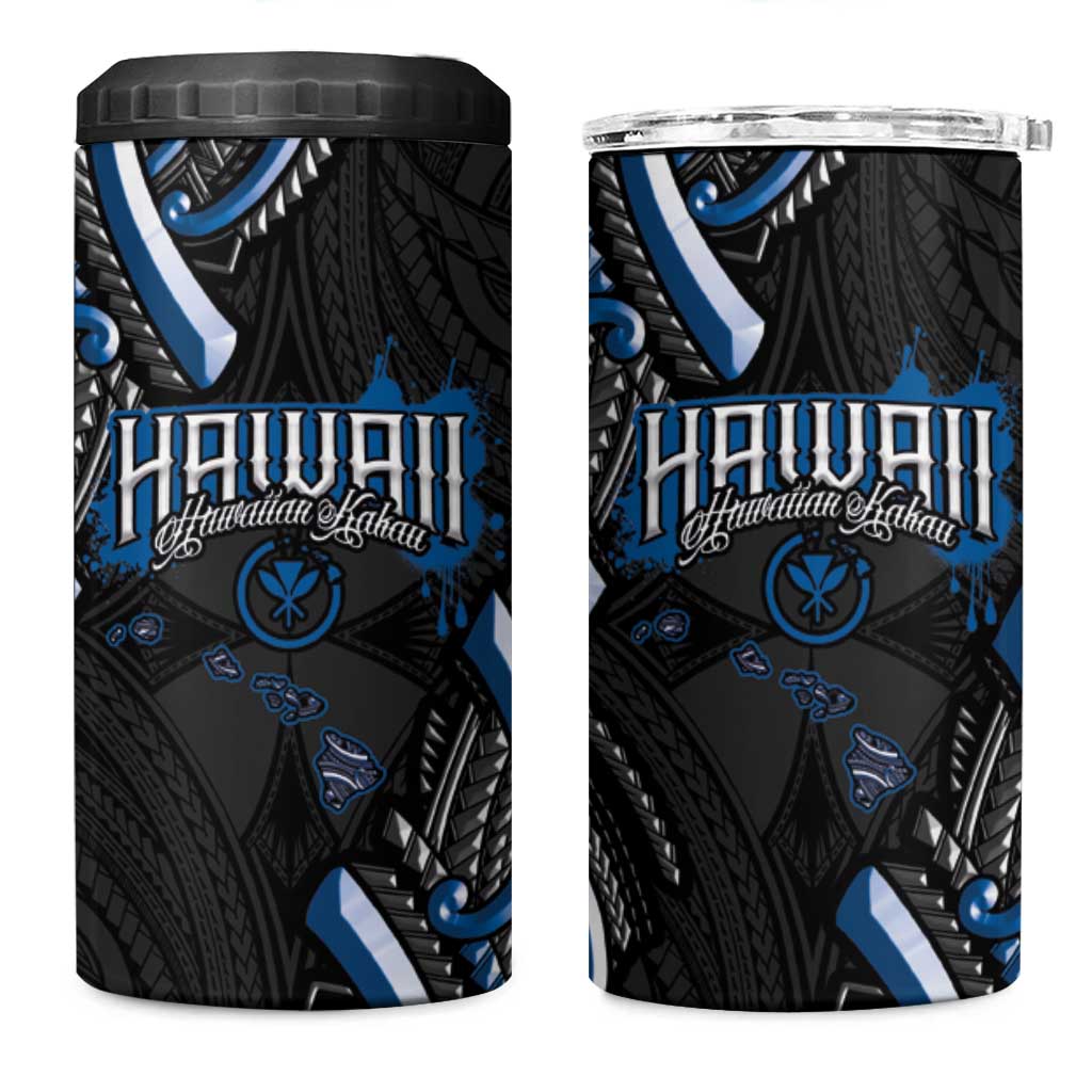 Traditional Art Hawaiian Kakau Tattoos 4 in 1 Can Cooler Tumbler Blue Color - Polynesian Pride