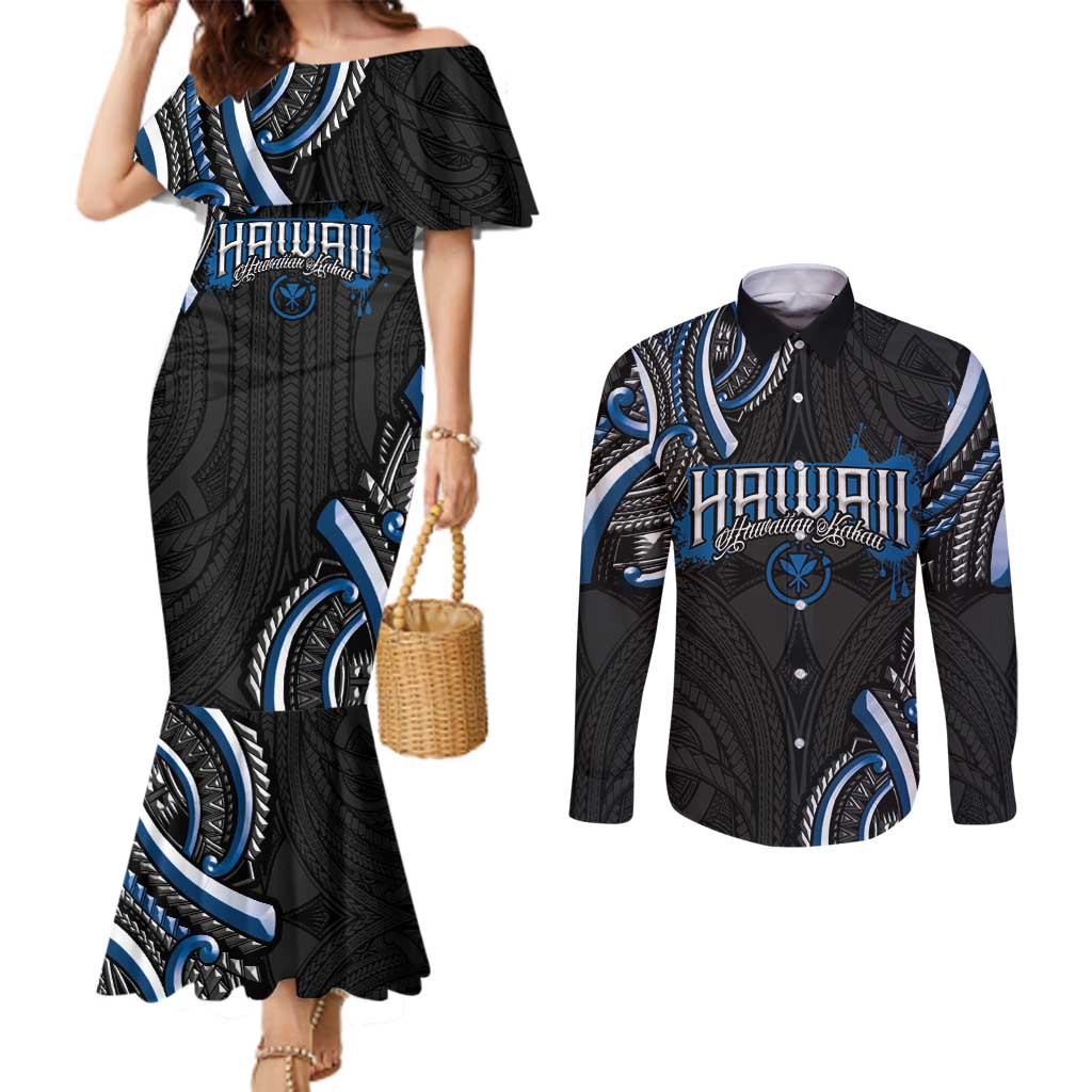 Traditional Art Hawaiian Kakau Tattoos Couples Matching Mermaid Dress and Long Sleeve Button Shirt Blue Color - Polynesian Pride
