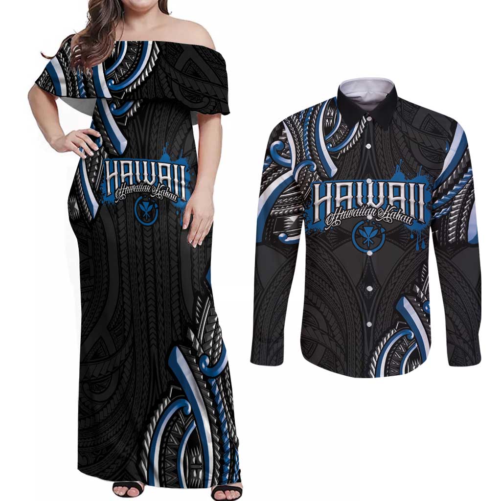 Traditional Art Hawaiian Kakau Tattoos Couples Matching Off Shoulder Maxi Dress and Long Sleeve Button Shirt Blue Color - Polynesian Pride