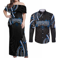 Traditional Art Hawaiian Kakau Tattoos Couples Matching Off Shoulder Maxi Dress and Long Sleeve Button Shirt Blue Color LT03 Blue - Polynesian Pride