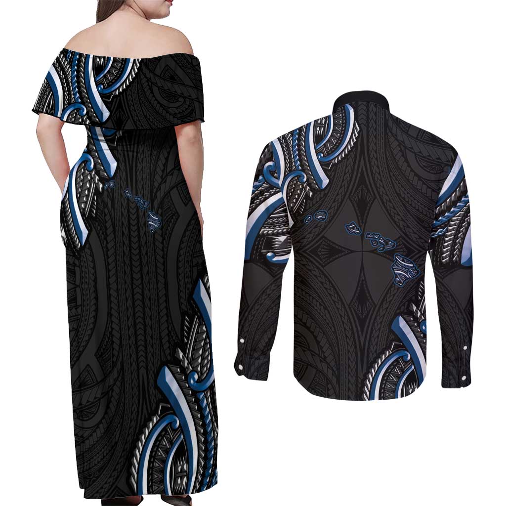 Traditional Art Hawaiian Kakau Tattoos Couples Matching Off Shoulder Maxi Dress and Long Sleeve Button Shirt Blue Color LT03 - Polynesian Pride