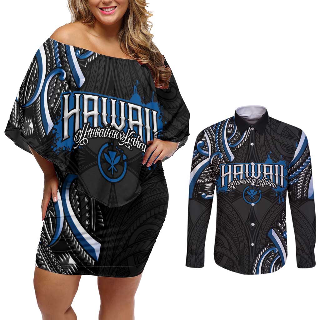 Traditional Art Hawaiian Kakau Tattoos Couples Matching Off Shoulder Short Dress and Long Sleeve Button Shirt Blue Color - Polynesian Pride