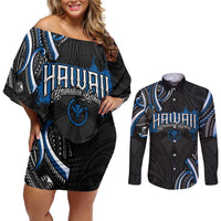 Traditional Art Hawaiian Kakau Tattoos Couples Matching Off Shoulder Short Dress and Long Sleeve Button Shirt Blue Color LT03 Blue - Polynesian Pride