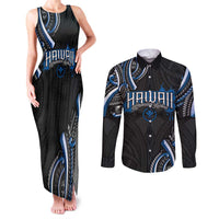 Traditional Art Hawaiian Kakau Tattoos Couples Matching Tank Maxi Dress and Long Sleeve Button Shirt Blue Color LT03 Blue - Polynesian Pride