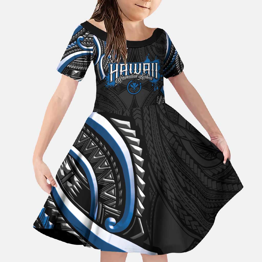 Traditional Art Hawaiian Kakau Tattoos Family Matching Long Sleeve Bodycon Dress and Hawaiian Shirt Blue Color LT03 Daughter's Dress Blue - Polynesian Pride