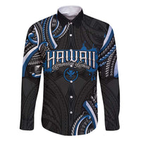 Traditional Art Hawaiian Kakau Tattoos Family Matching Long Sleeve Bodycon Dress and Hawaiian Shirt Blue Color LT03 Dad's Shirt - Long Sleeve Blue - Polynesian Pride