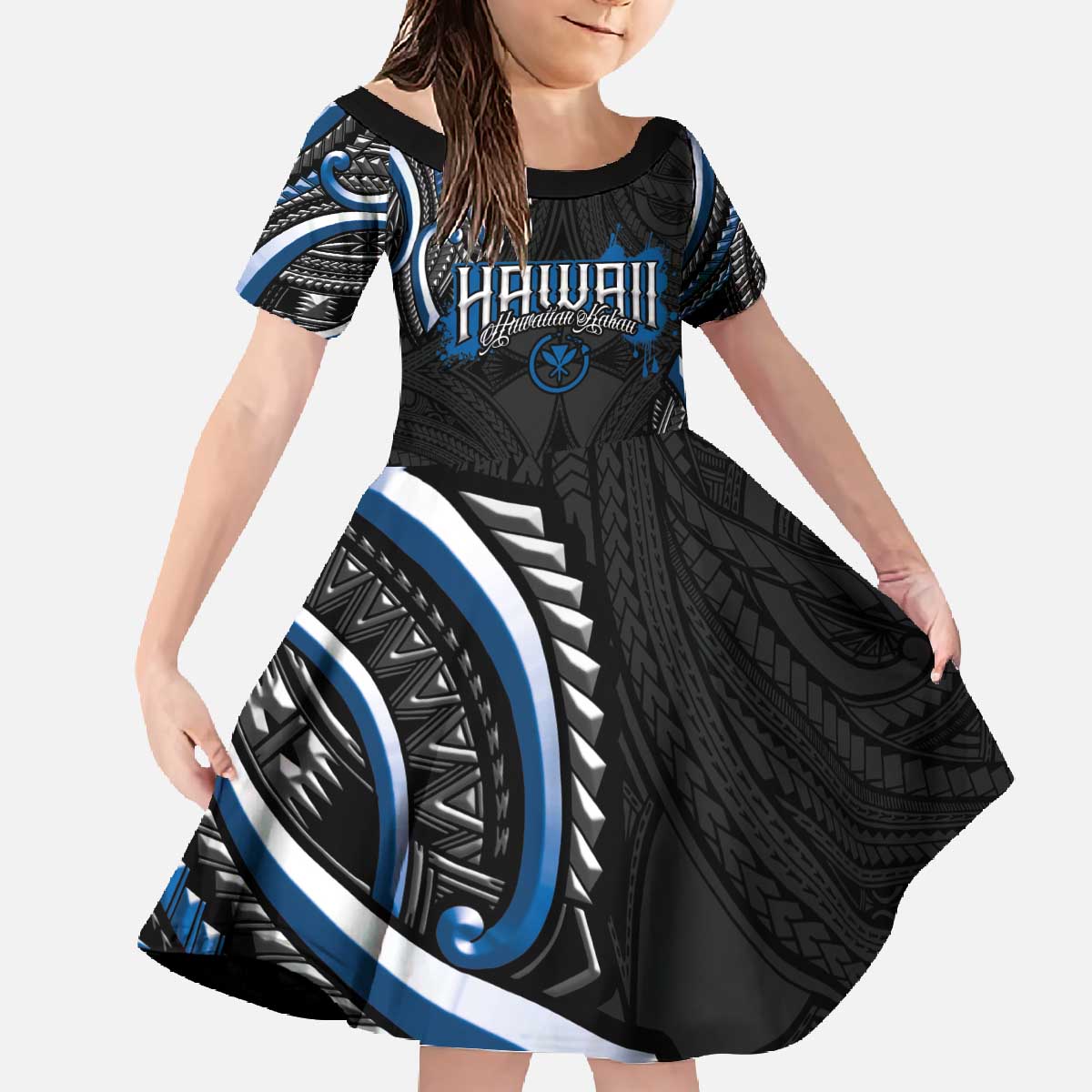 Traditional Art Hawaiian Kakau Tattoos Family Matching Off The Shoulder Long Sleeve Dress and Hawaiian Shirt Blue Color - Polynesian Pride