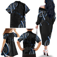 Traditional Art Hawaiian Kakau Tattoos Family Matching Off The Shoulder Long Sleeve Dress and Hawaiian Shirt Blue Color - Polynesian Pride